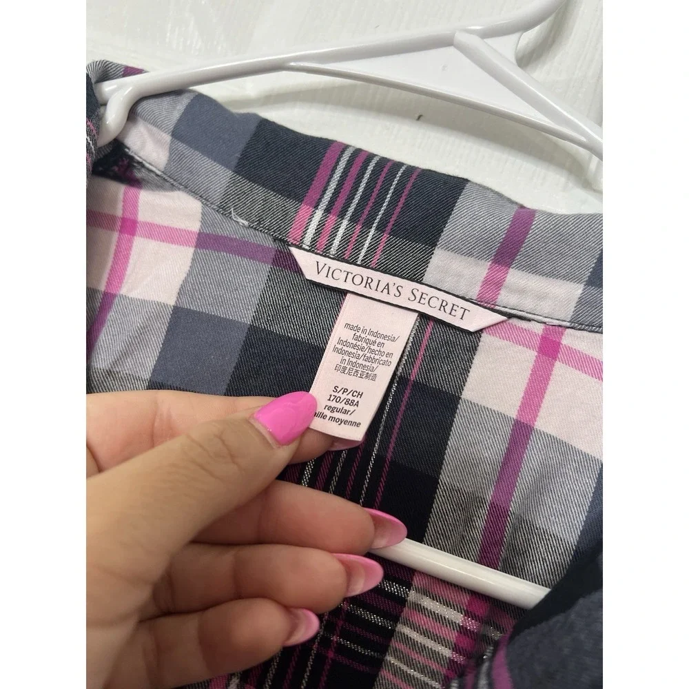 Victorias Secret 2PC Flannel Plaid Long Sleeve ButtonUp Shirt Pants Pink Black S